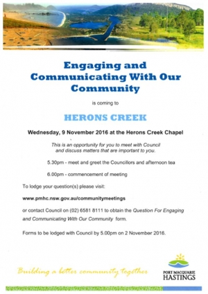 Port Macquarie Hastings Council is coming to Herons Creek 9th November - Join us